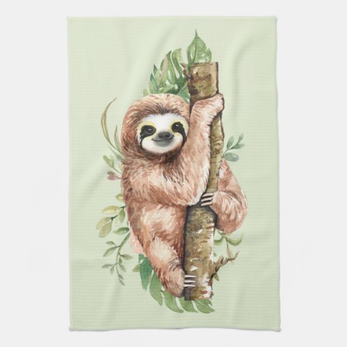 Cute Watercolor Sloth  Tropical Leaves Kitchen Towel
