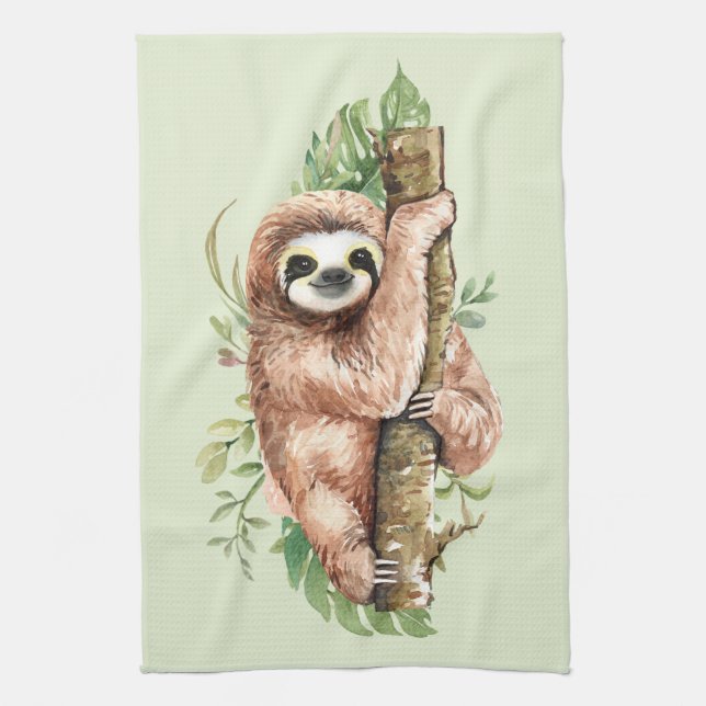 Cute Watercolor Sloth & Tropical Leaves Kitchen Towel (Vertical)