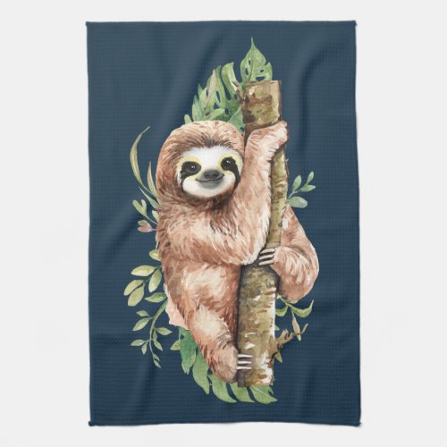 Cute Watercolor Sloth  Tropical Leaves Kitchen Towel