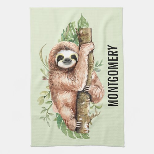 Cute Watercolor Sloth  Tropical Leaves Kitchen Towel