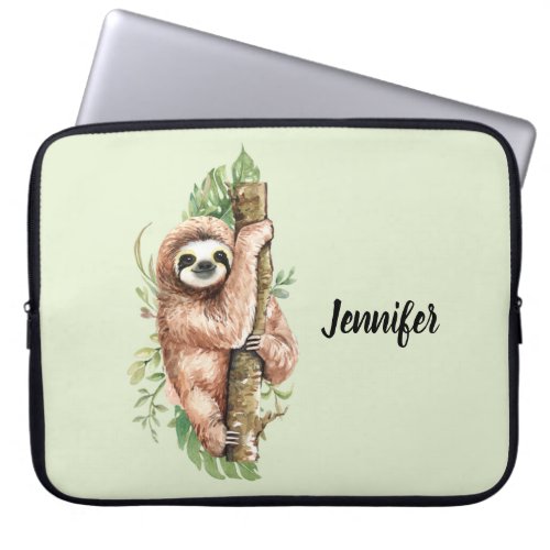 Cute Watercolor Sloth  Tropical Leaves Laptop Sleeve