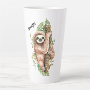 Cute Watercolor Sloth & Tropical Leaves Latte Mug