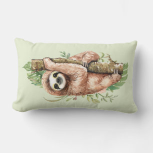 Cute Watercolor Sloth & Tropical Leaves Lumbar Pillow