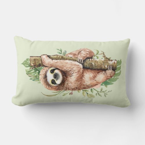 Cute Watercolor Sloth  Tropical Leaves Lumbar Pillow