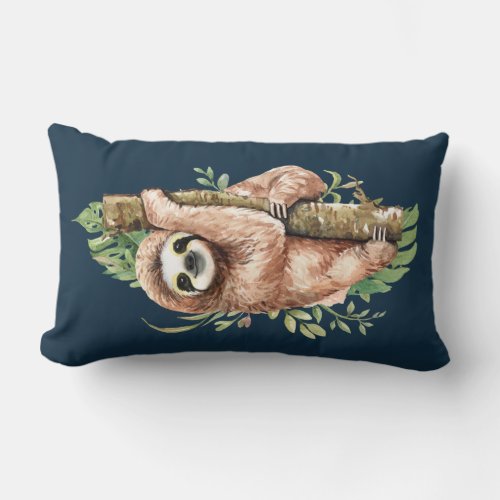 Cute Watercolor Sloth  Tropical Leaves Lumbar Pillow