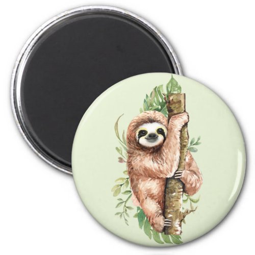 Cute Watercolor Sloth  Tropical Leaves Magnet