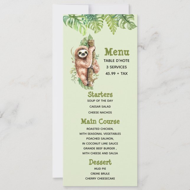 Cute Watercolor Sloth & Tropical Leaves Menu Invitation (Front)