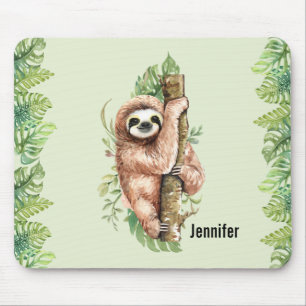 Cute Watercolor Sloth & Tropical Leaves Mouse Pad
