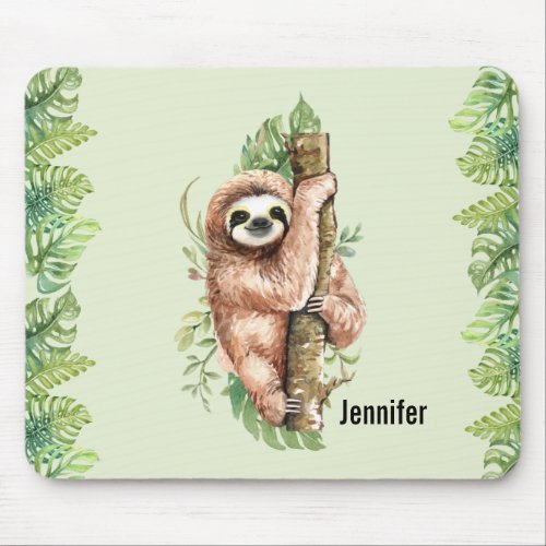 Cute Watercolor Sloth  Tropical Leaves Mouse Pad