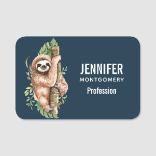 Cute Watercolor Sloth & Tropical Leaves Name Tag