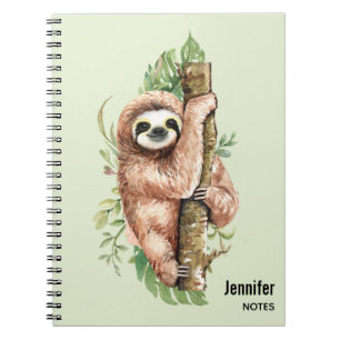Cute Watercolor Sloth & Tropical Leaves Notebook