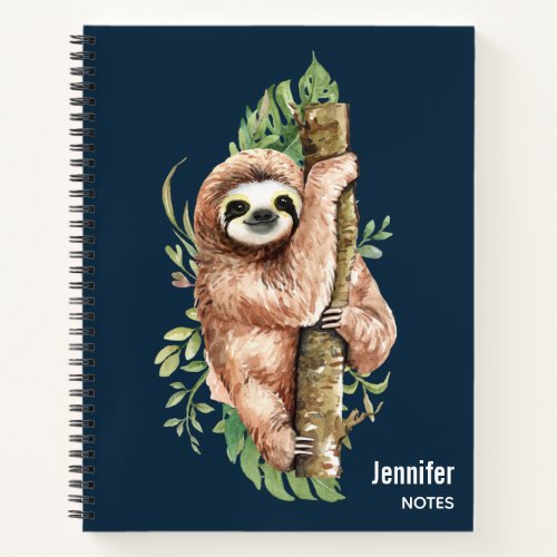 Cute Watercolor Sloth  Tropical Leaves Notebook