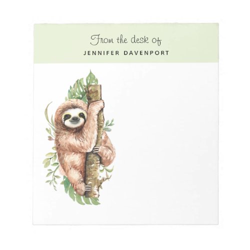 Cute Watercolor Sloth  Tropical Leaves Notepad