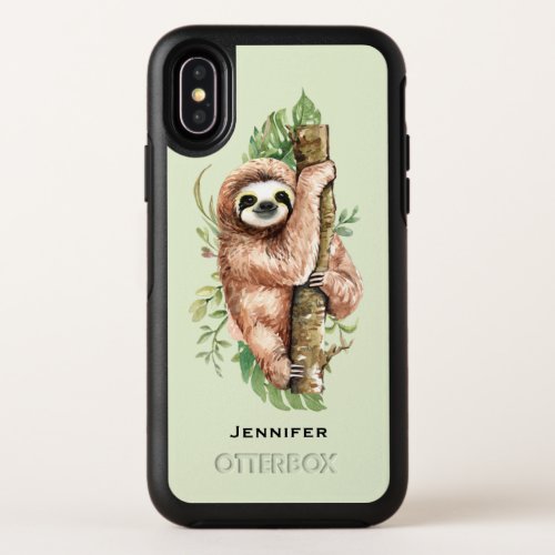 Cute Watercolor Sloth  Tropical Leaves OtterBox Symmetry iPhone X Case