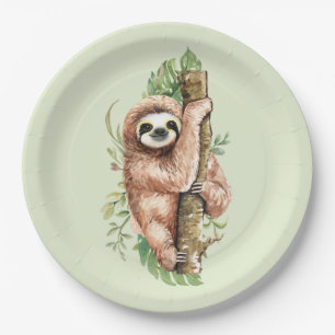 Cute Watercolor Sloth & Tropical Leaves Paper Plates