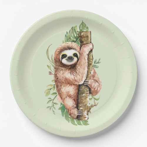 Cute Watercolor Sloth  Tropical Leaves Paper Plates
