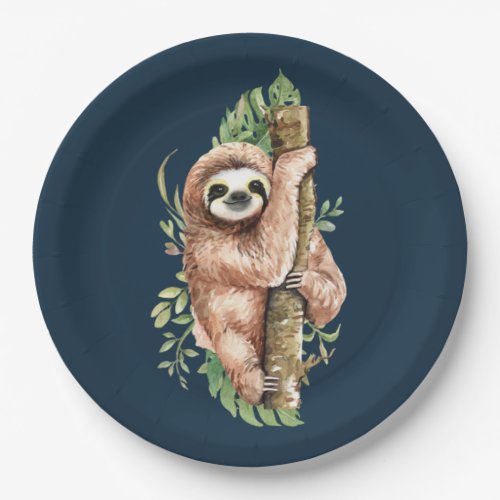 Cute Watercolor Sloth  Tropical Leaves Paper Plates