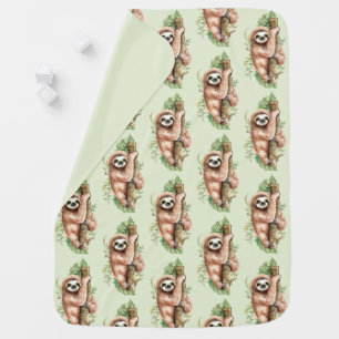 Cute Watercolor Sloth & Tropical Leaves Pattern Baby Blanket