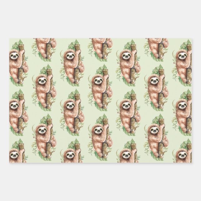 Cute Watercolor Sloth & Tropical Leaves Pattern Wrapping Paper Sheets (Front)