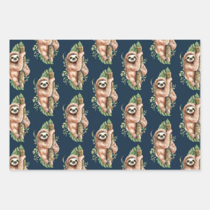 Cute Watercolor Sloth & Tropical Leaves Pattern Wrapping Paper Sheets