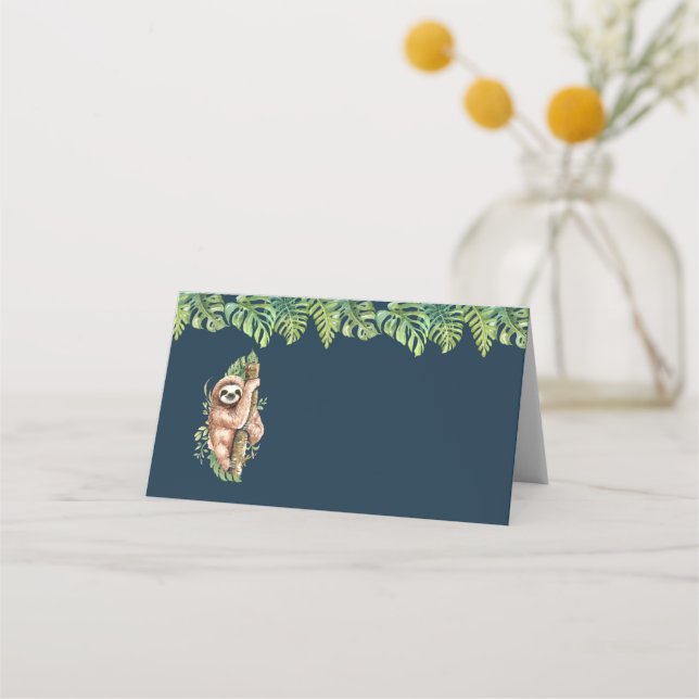 Cute Watercolor Sloth & Tropical Leaves Place Card (Front)