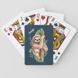 Cute Watercolor Sloth & Tropical Leaves Playing Cards