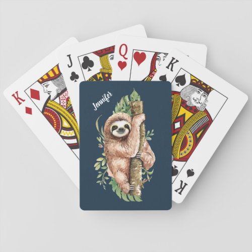 Cute Watercolor Sloth  Tropical Leaves Playing Cards