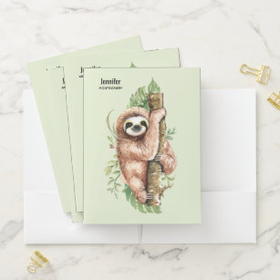 Cute Watercolor Sloth & Tropical Leaves Pocket Folder
