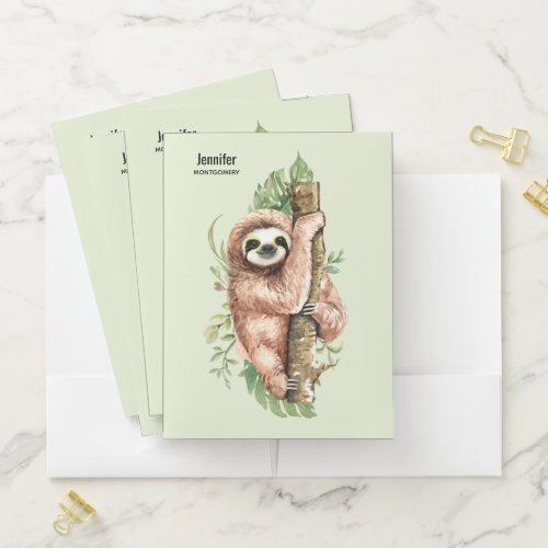 Cute Watercolor Sloth  Tropical Leaves Pocket Folder