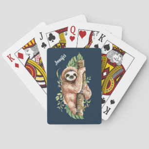 Cute Watercolor Sloth & Tropical Leaves Poker Cards