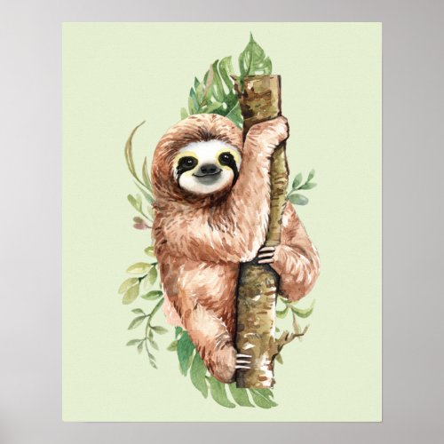 Cute Watercolor Sloth  Tropical Leaves Poster