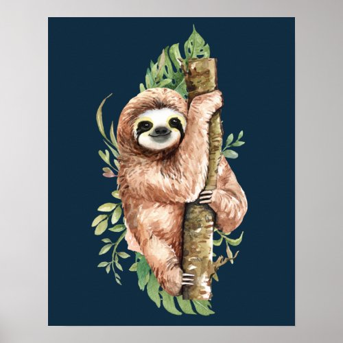 Cute Watercolor Sloth  Tropical Leaves Poster