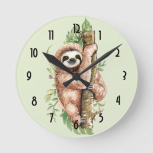 Cute Watercolor Sloth & Tropical Leaves Round Clock