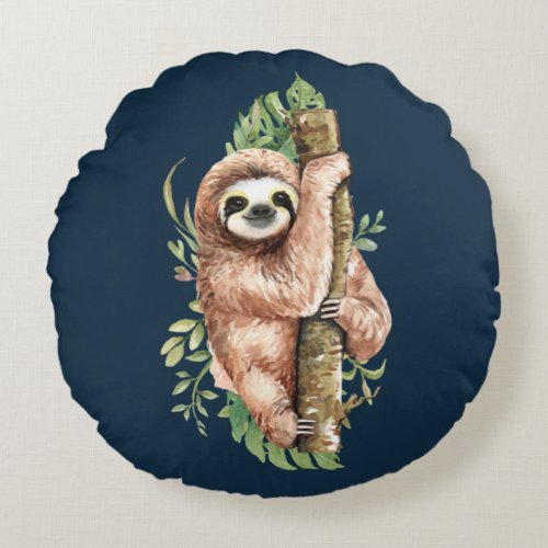 Cute Watercolor Sloth  Tropical Leaves Round Pillow