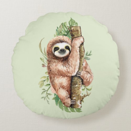 Cute Watercolor Sloth  Tropical Leaves Round Pillow