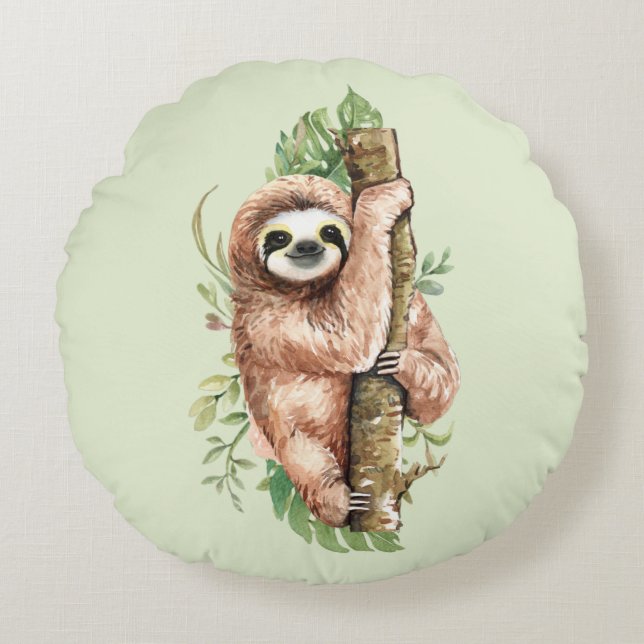 Cute Watercolor Sloth & Tropical Leaves Round Pillow (Front)