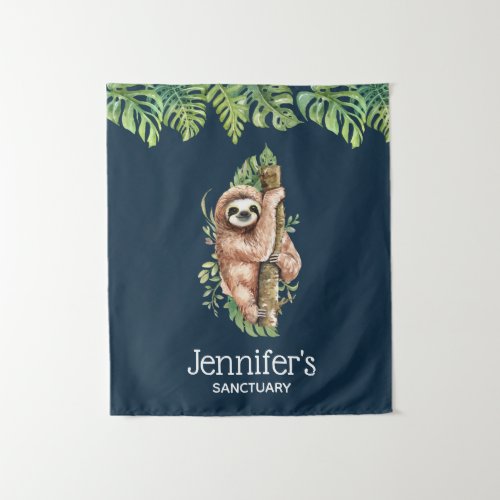 Cute Watercolor Sloth  Tropical Leaves Sanctuary Tapestry