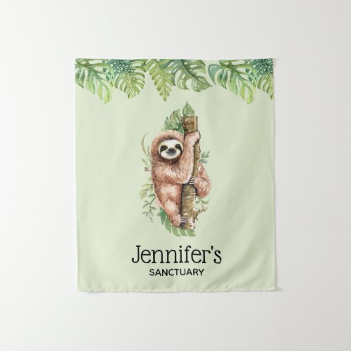 Cute Watercolor Sloth  Tropical Leaves Sanctuary Tapestry