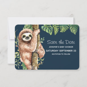Cute Watercolor Sloth & Tropical Leaves Save The Date
