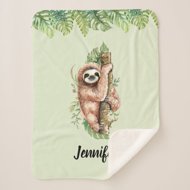 Cute Watercolor Sloth & Tropical Leaves Sherpa Blanket (Front)
