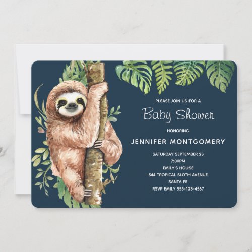 Cute Watercolor Sloth  Tropical Leaves Shower Invitation