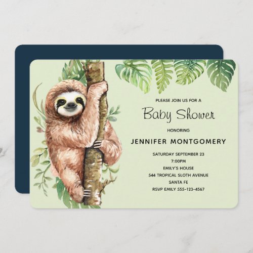 Cute Watercolor Sloth  Tropical Leaves Shower Invitation
