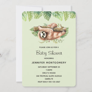 Cute Watercolor Sloth & Tropical Leaves Shower Invitation