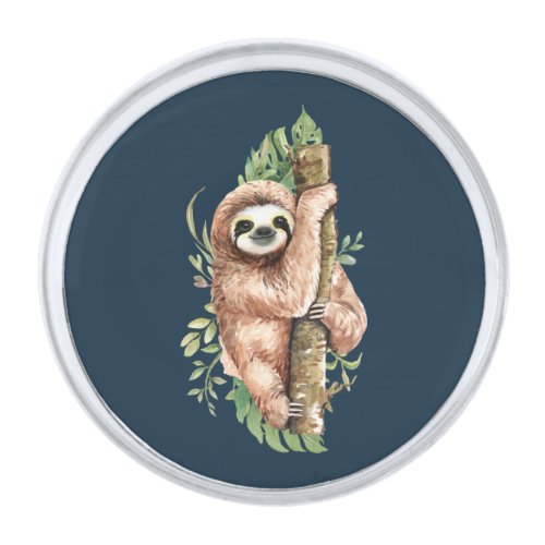 Cute Watercolor Sloth  Tropical Leaves Silver Finish Lapel Pin