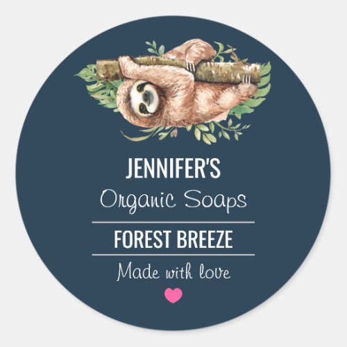 Cute Watercolor Sloth  Tropical Leaves Soap Classic Round Sticker