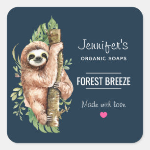 Cute Watercolor Sloth & Tropical Leaves Soap Square Sticker