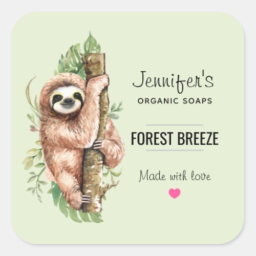 Cute Watercolor Sloth  Tropical Leaves Soap Square Sticker