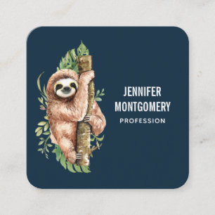 Cute Watercolor Sloth & Tropical Leaves Square Business Card