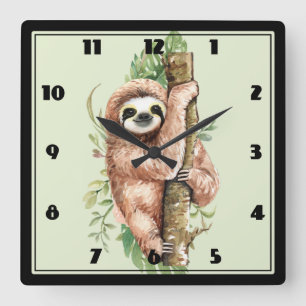 Cute Watercolor Sloth & Tropical Leaves Square Wall Clock