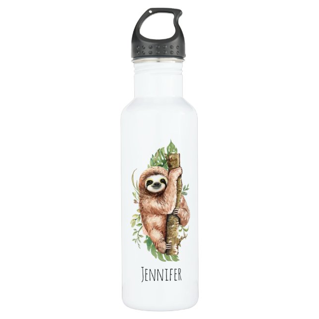 Cute Watercolor Sloth & Tropical Leaves Stainless Steel Water Bottle (Front)